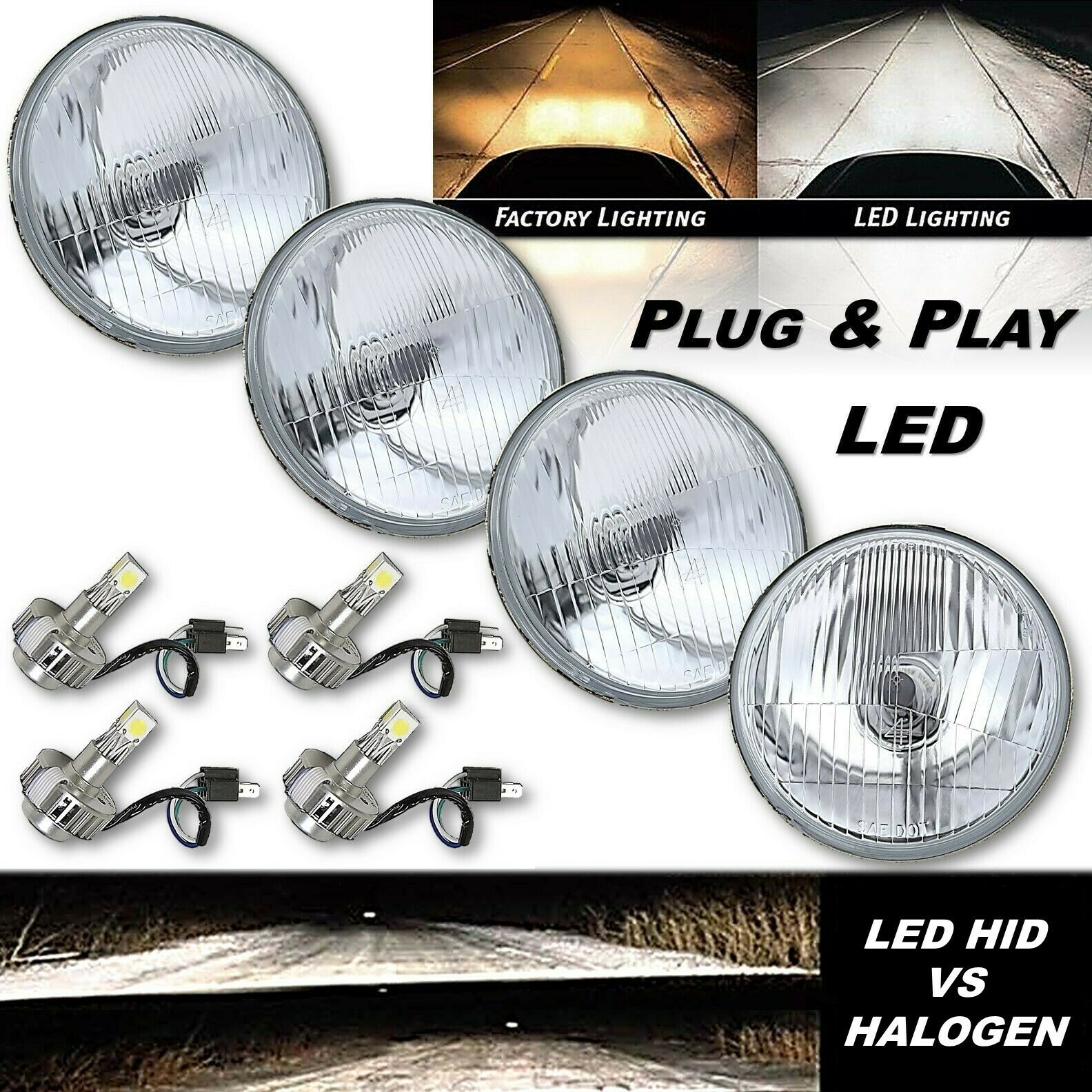 5-3/4" Stock Glass Metal Headlight 18/24w 6k Led H4 Lamp Light Bulb Headlamp Set